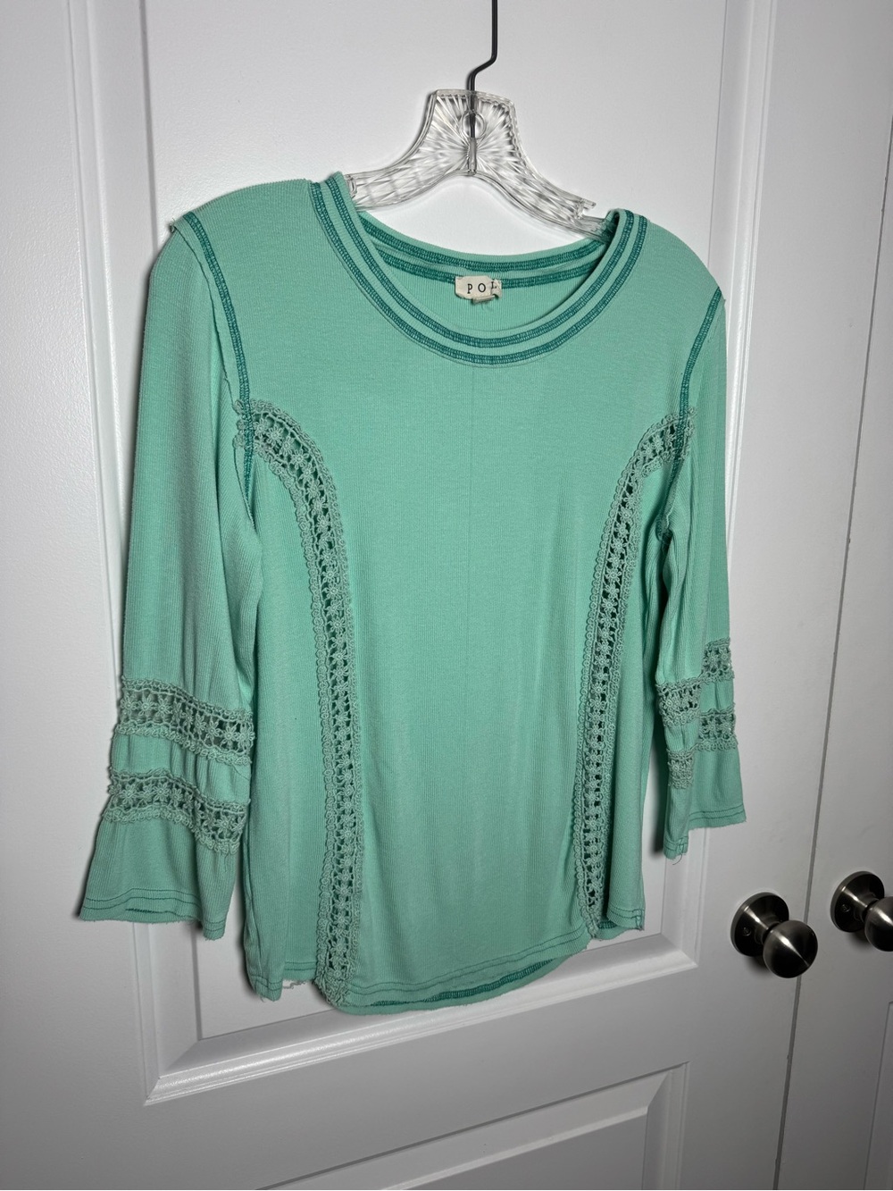 POL Mint Ribbed Crochet Lace Bell Sleeve Top Boho Tunic Large